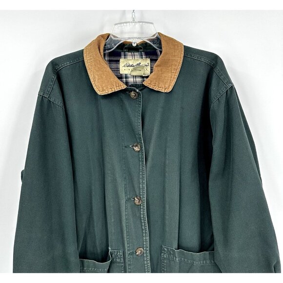 vintage 90s Y2K EDDIE BAUER chore coat barn jacket plaid lined western green M - Picture 3 of 13